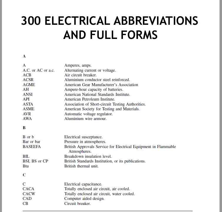 300 Electrical Abbreviations and Full Forms