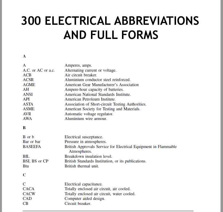 300 Electrical Abbreviations And Full Forms